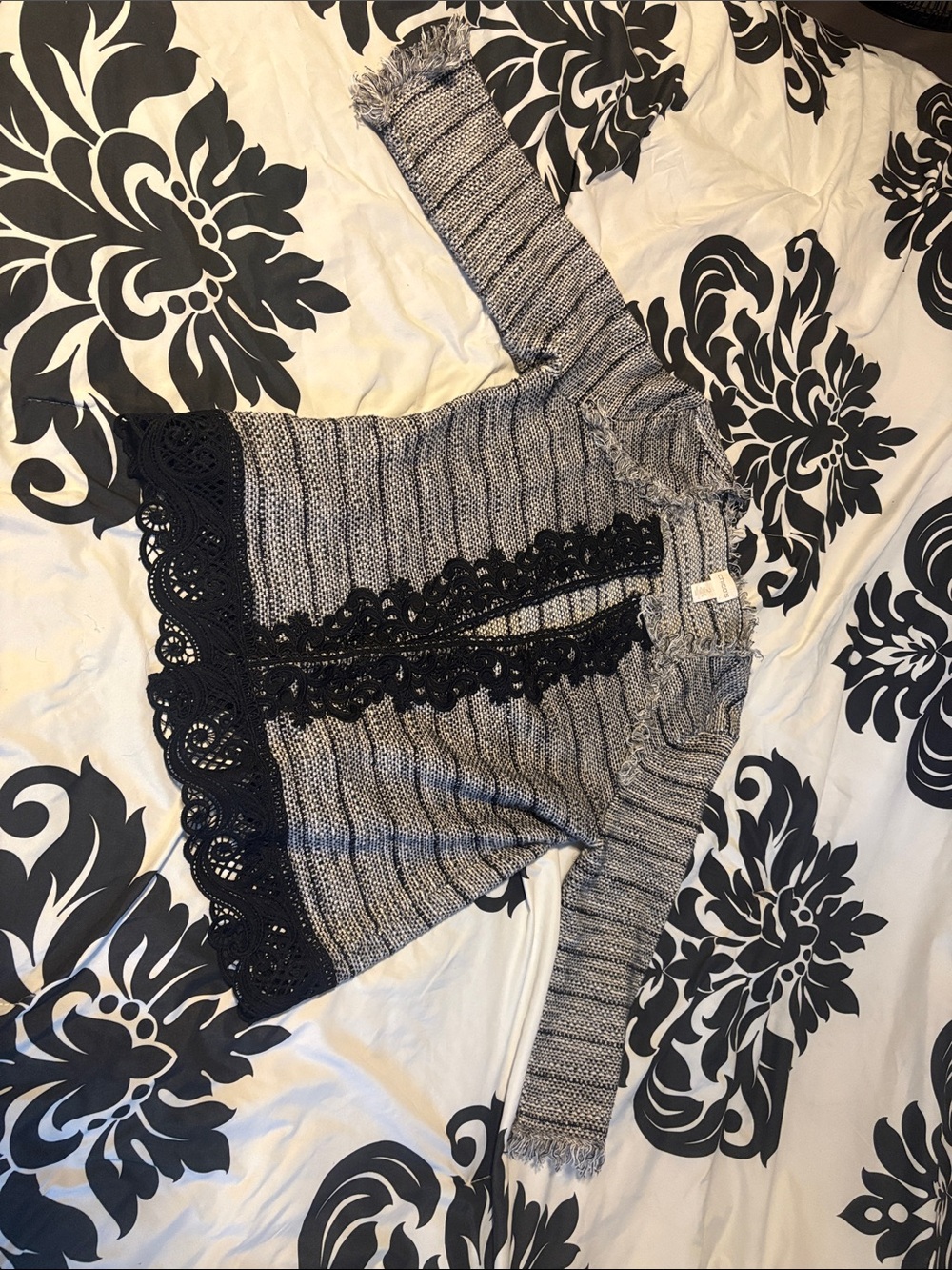 Chico's Gray and Black Lace-Trim Knit Cardigan